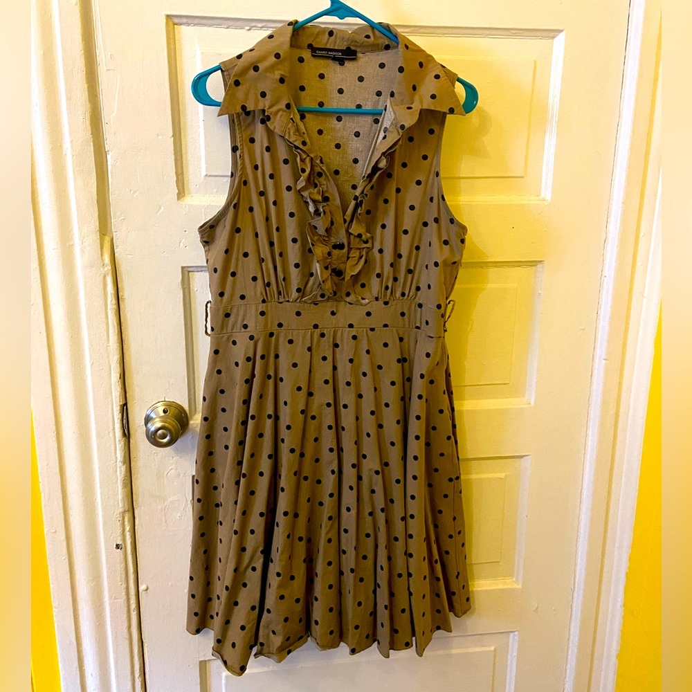 Charly Madison khaki cocktail dress with black polka dots and tulle fringe - XL
